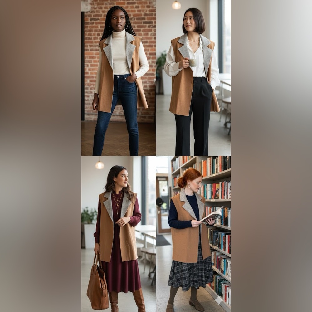 NWOT Bobeau open front sleeveless sweater cardigan size m camel and grey color